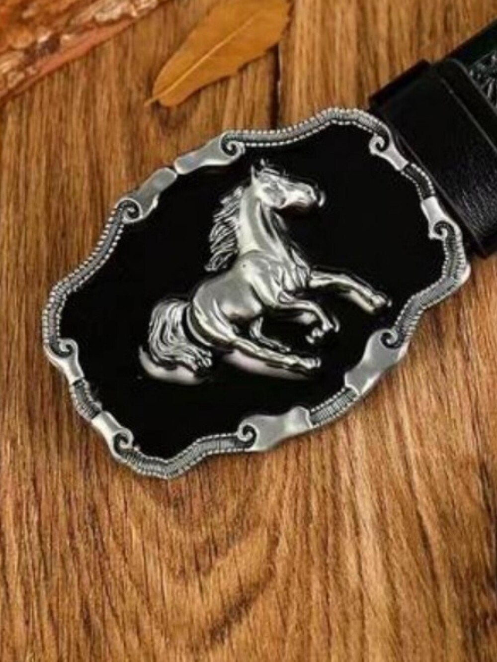 Western Cowboy Black Leather Belt with Decorative Horse Buckle - Picture 2 of 10